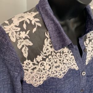 Hot & Delicious Denim Blue Linen & Lace Shirt Dress Size S